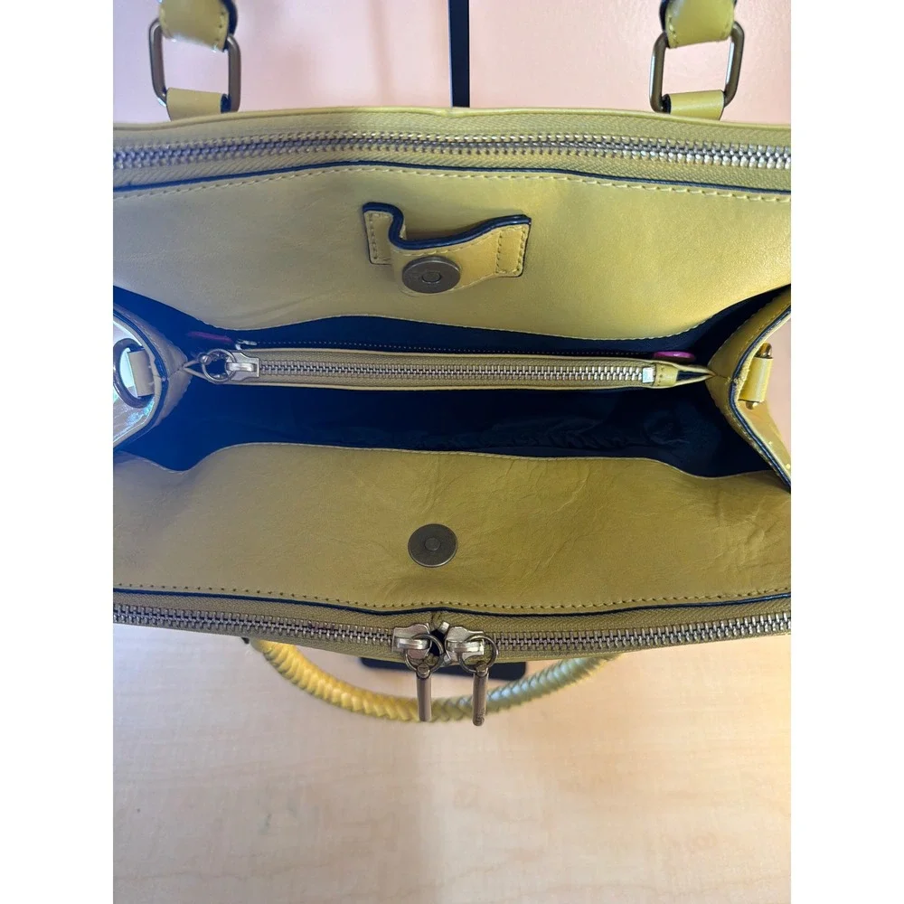 Elliott Lucca Yellow Leather Satchel Bag Braided Handles Triple Compartment